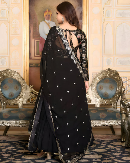 Black Faux Georgette Flared Gown with Dupatta