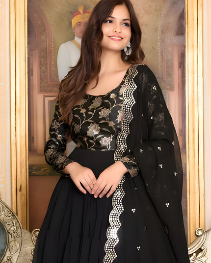 Black Faux Georgette Flared Gown with Dupatta
