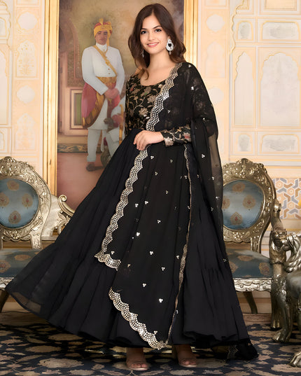 Black Faux Georgette Flared Gown with Dupatta