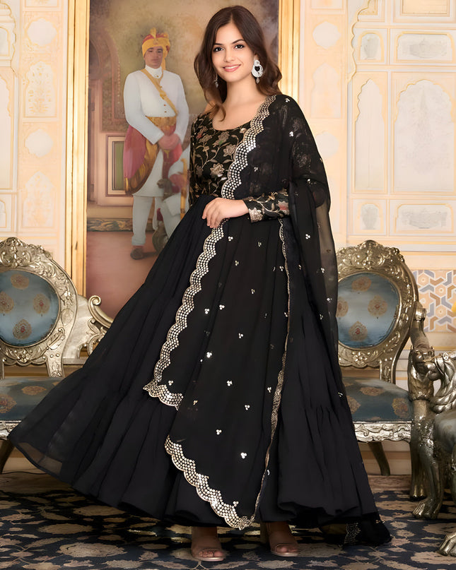 Black Faux Georgette Flared Gown with Dupatta