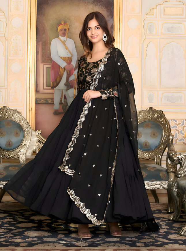 Black Faux Georgette Flared Gown with Dupatta