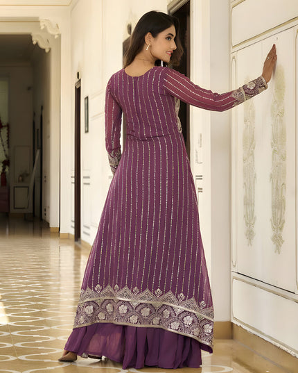 Plum Faux Georgette Embroidered Lehenga with Shrug