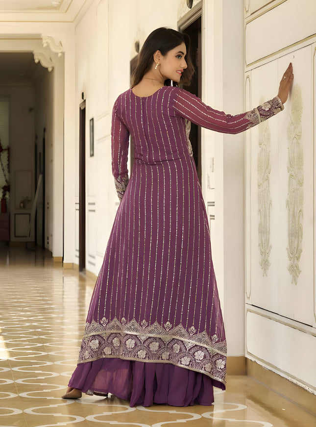 Plum Faux Georgette Embroidered Lehenga with Shrug