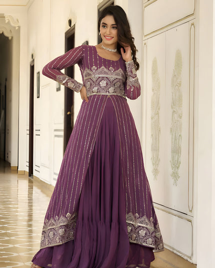 Plum Faux Georgette Embroidered Lehenga with Shrug