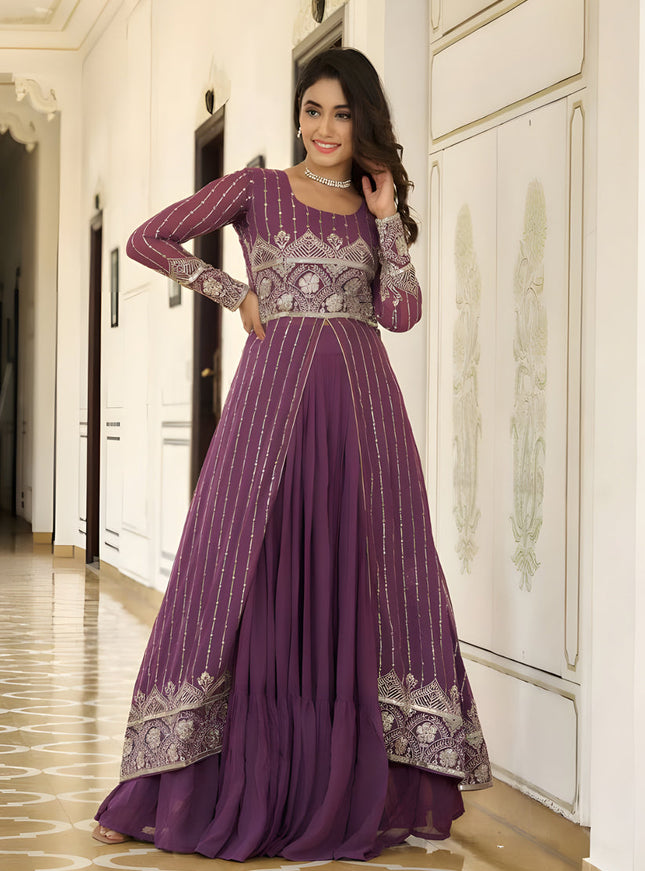 Plum Faux Georgette Embroidered Lehenga with Shrug