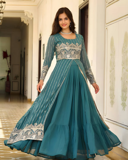 Teal Blue Faux Georgette Embroidered Lehenga with Shrug