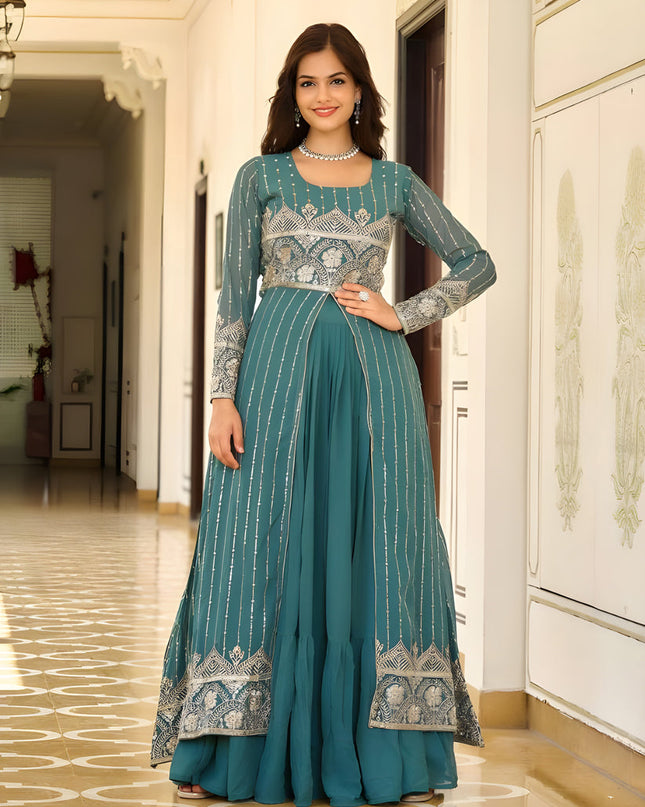 Teal Blue Faux Georgette Embroidered Lehenga with Shrug