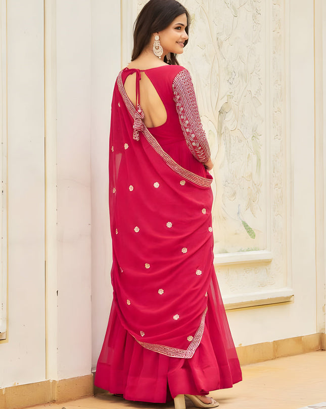 Rani Pink Faux Georgette Embroidered Gown with Dupatta
