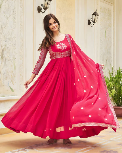 Rani Pink Faux Georgette Embroidered Gown with Dupatta