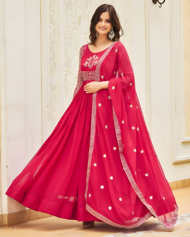 Rani Pink Faux Georgette Embroidered Gown with Dupatta