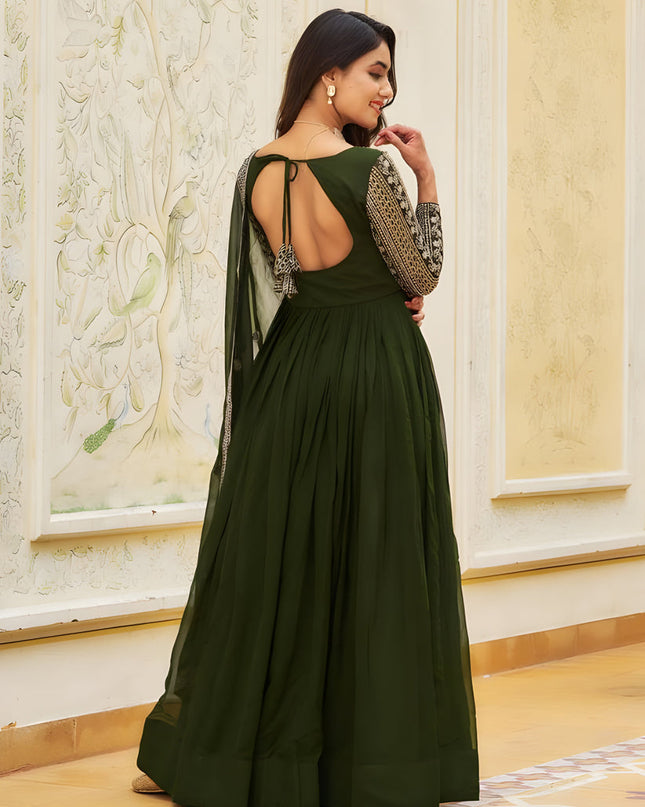 Mehendi Green Faux Georgette Embroidered Gown with Dupatta