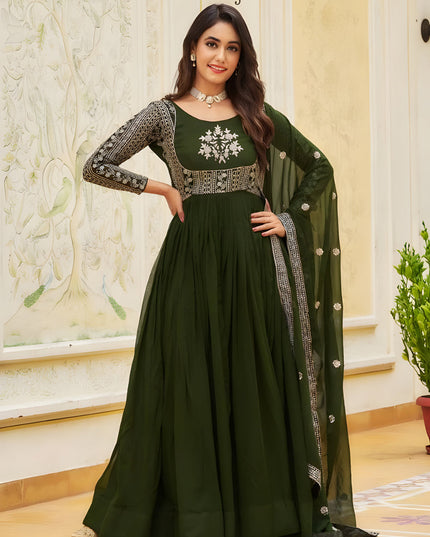 Mehendi Green Faux Georgette Embroidered Gown with Dupatta