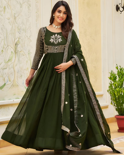 Mehendi Green Faux Georgette Embroidered Gown with Dupatta