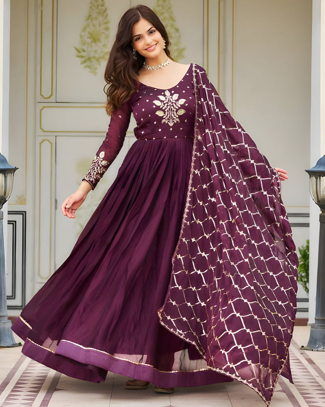 Wine Embroidered Gown with Dupatta for Festival