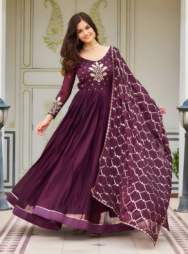 Wine Embroidered Gown with Dupatta for Festival
