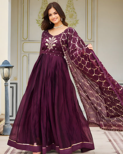 Wine Embroidered Gown with Dupatta for Festival