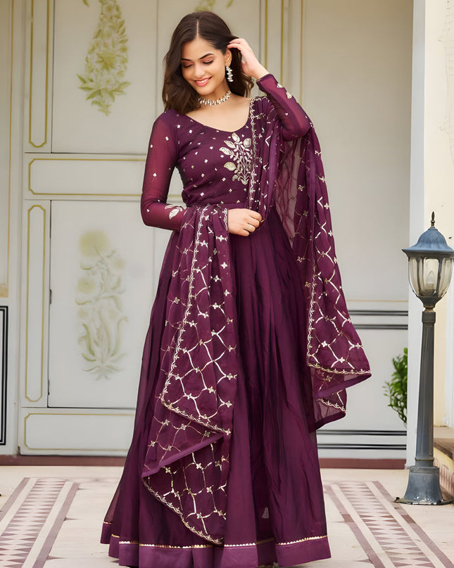 Wine Embroidered Gown with Dupatta for Festival