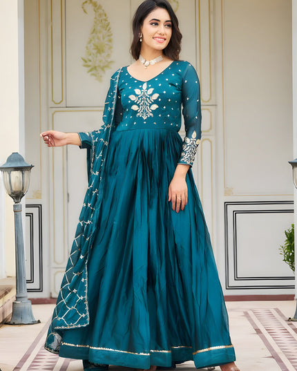 Peacock Blue Embroidered Gown with Dupatta for Festival