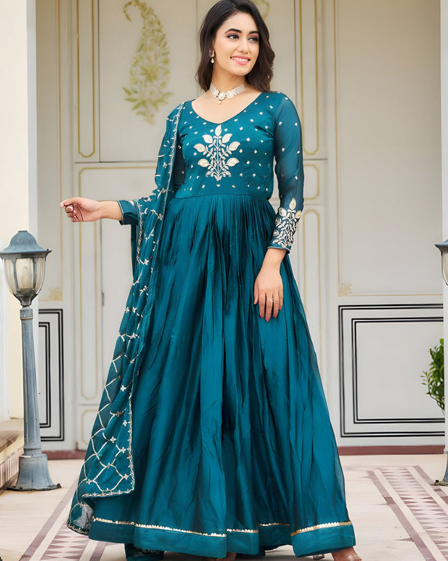 Peacock Blue Embroidered Gown with Dupatta for Festival