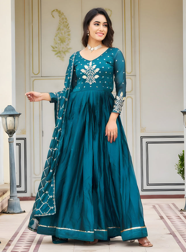 Peacock Blue Embroidered Gown with Dupatta for Festival