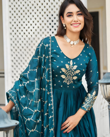 Peacock Blue Embroidered Gown with Dupatta for Festival