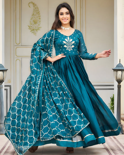 Peacock Blue Embroidered Gown with Dupatta for Festival