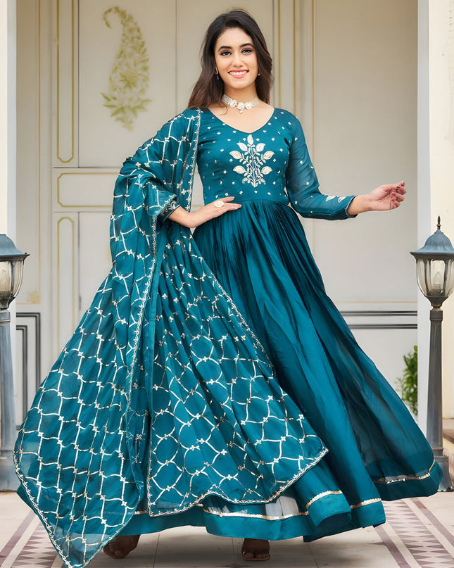 Peacock Blue Embroidered Gown with Dupatta for Festival