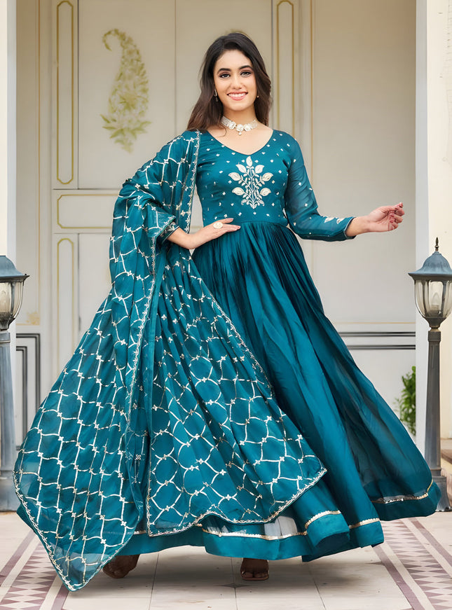 Peacock Blue Embroidered Gown with Dupatta for Festival