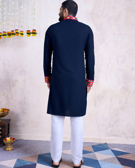 Navy Blue Rayon Gamthi Work Navratri Special Kurta with Dupatta