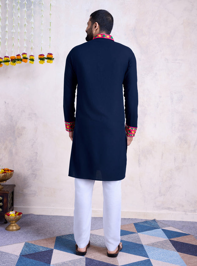 Navy Blue Rayon Gamthi Work Navratri Special Kurta with Dupatta