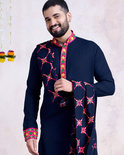 Navy Blue Rayon Gamthi Work Navratri Special Kurta with Dupatta