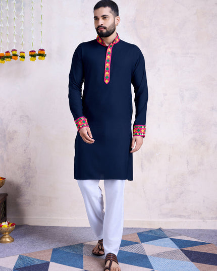 Navy Blue Rayon Gamthi Work Navratri Special Kurta with Dupatta