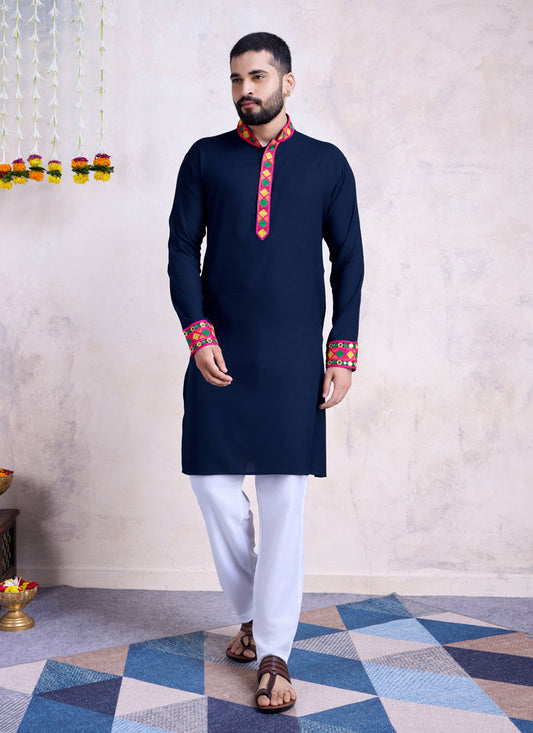 Navy Blue Rayon Gamthi Work Navratri Special Kurta with Dupatta