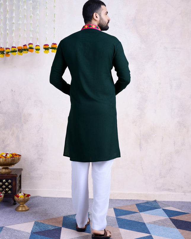 Bottle Green Rayon Gamthi Work Navratri Special Kurta with Dupatta