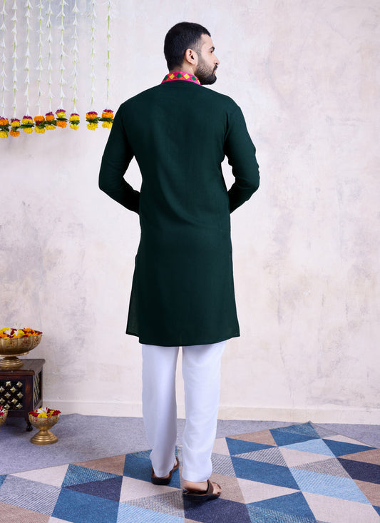 Bottle Green Rayon Gamthi Work Navratri Special Kurta with Dupatta