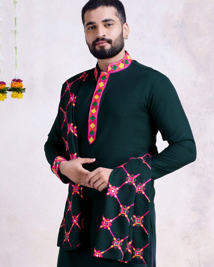 Bottle Green Rayon Gamthi Work Navratri Special Kurta with Dupatta