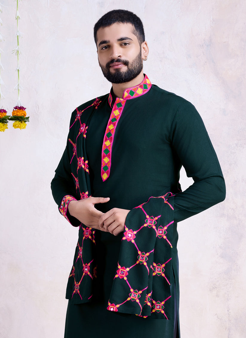 Bottle Green Rayon Gamthi Work Navratri Special Kurta with Dupatta