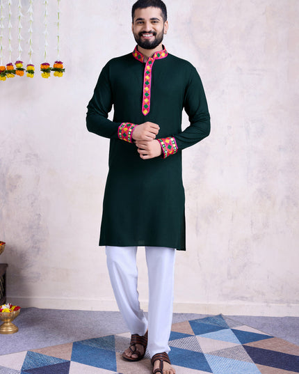 Bottle Green Rayon Gamthi Work Navratri Special Kurta with Dupatta