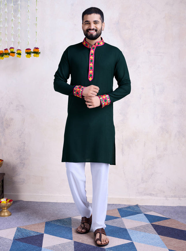 Bottle Green Rayon Gamthi Work Navratri Special Kurta with Dupatta