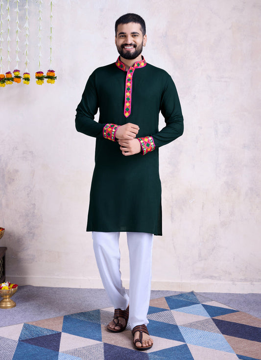 Bottle Green Rayon Gamthi Work Navratri Special Kurta with Dupatta