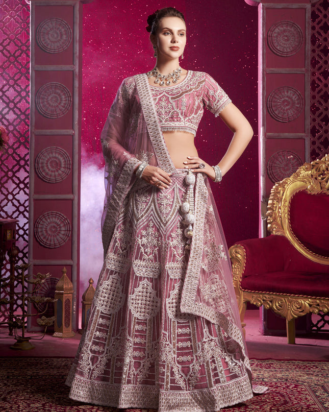 Carnation Pink Net Embroidered Designer Lehenga Choli Set