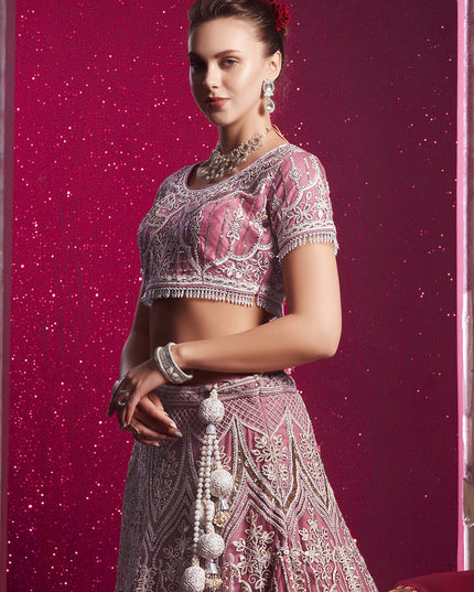 Carnation Pink Net Embroidered Designer Lehenga Choli Set