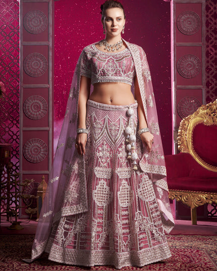 Carnation Pink Net Embroidered Designer Lehenga Choli Set