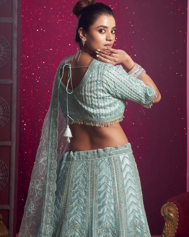 Ice Blue Net Embroidered Designer Lehenga Choli Set