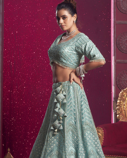 Ice Blue Net Embroidered Designer Lehenga Choli Set