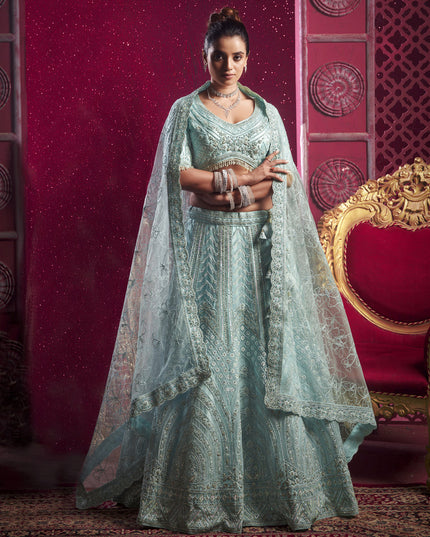 Ice Blue Net Embroidered Designer Lehenga Choli Set