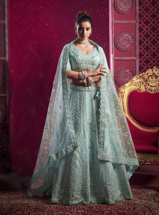 Ice Blue Net Embroidered Designer Lehenga Choli Set