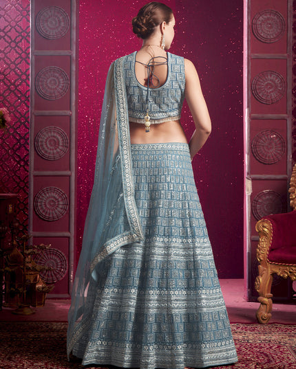 Sky Blue Net Embroidered Designer Lehenga Choli Set