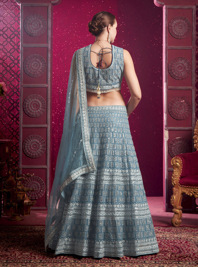 Sky Blue Net Embroidered Designer Lehenga Choli Set