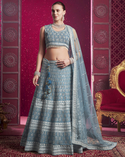 Sky Blue Net Embroidered Designer Lehenga Choli Set